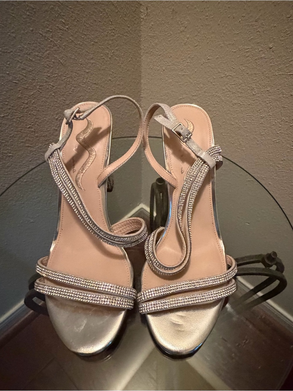 Silver Rhinestone Block Heel Sandals Sparkly Evening Wedding Shoes Size 9.5